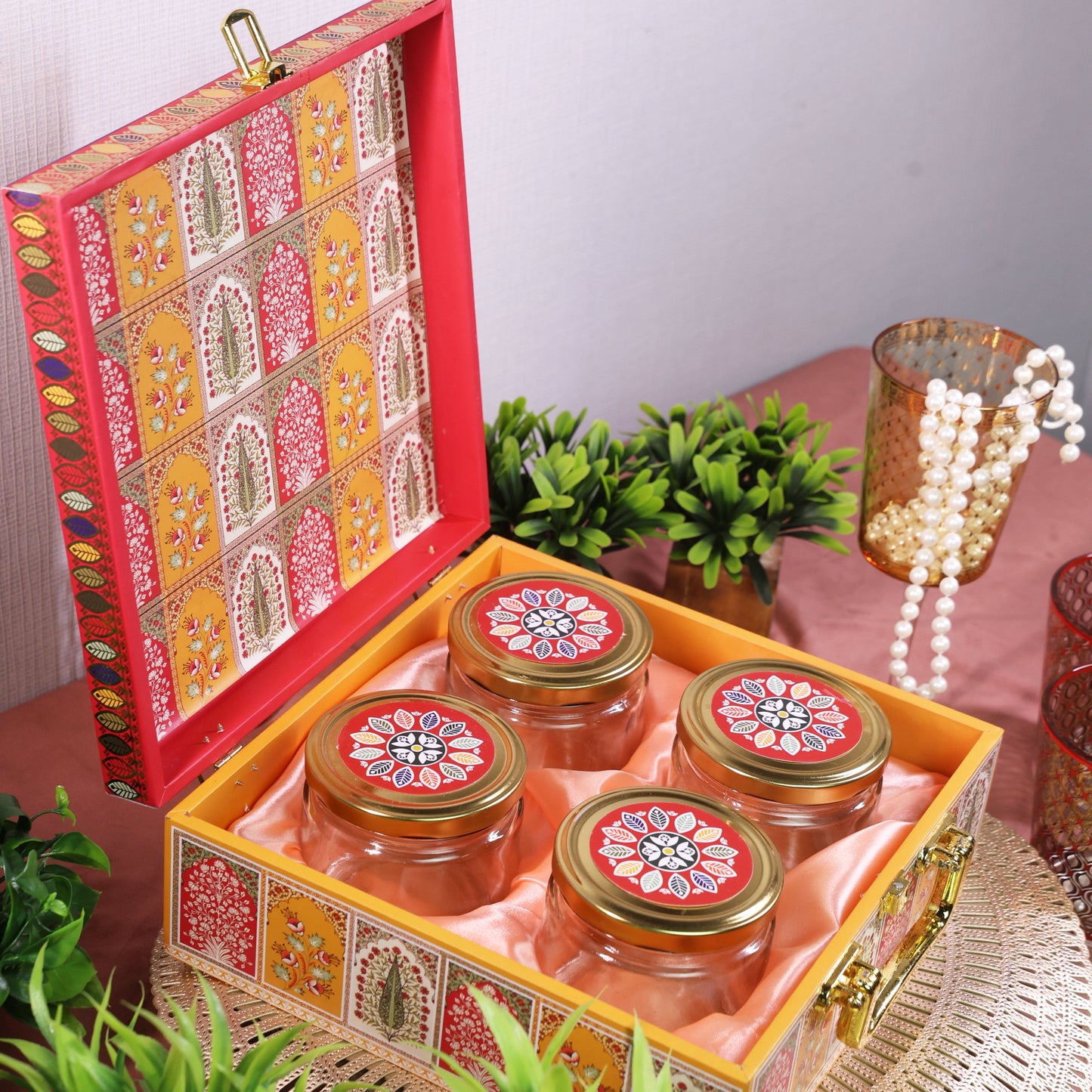 Mdf Premium Luxuries box With 4 salsa jars (9.5x9.5x3.5 Inches) 4JAR10018 (E4)