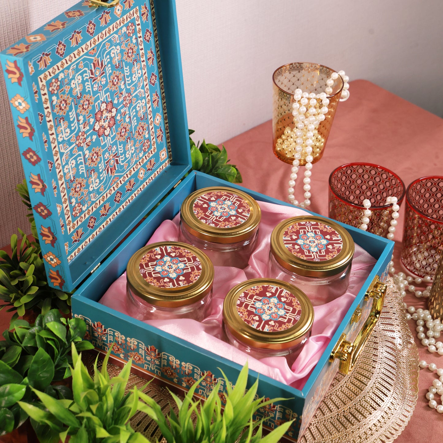 Mdf Premium Luxuries box With 4 salsa jars (9.5x9.5x3.5 Inches) 4JAR10020