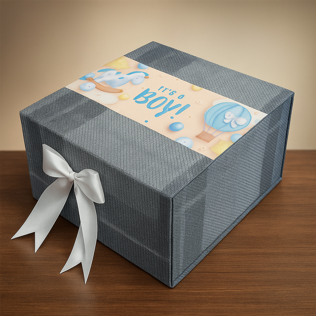 Baby Shower Gift Box |Rigid foldabel box | Gift Hamper Boxes For Packaging, Satin Ribbon Hamper Boxes | Gift Cardboard Box Empty Gift Hamper Box Reusable Gift Boxes | Foldabel Box | 8x8x3.5 inches / 1027
