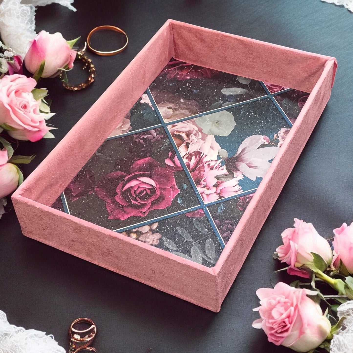 Beautiful MDF Velvet Multipurpose Gifting Tray / DARK PINK / PACK OF 1 / 01