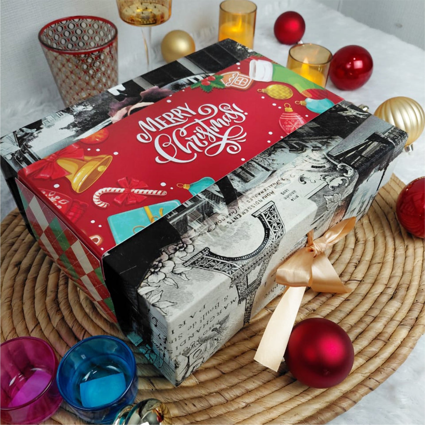 Christmas Gift Box |Rigid foldabel box | Gift Hamper Boxes For Packaging, Satin Ribbon Hamper Boxes | Gift Cardboard Box Empty Gift Hamper Box Reusable Gift Boxes | Foldabel Box | SIZE 10x8x4 inches | 7022Christmas