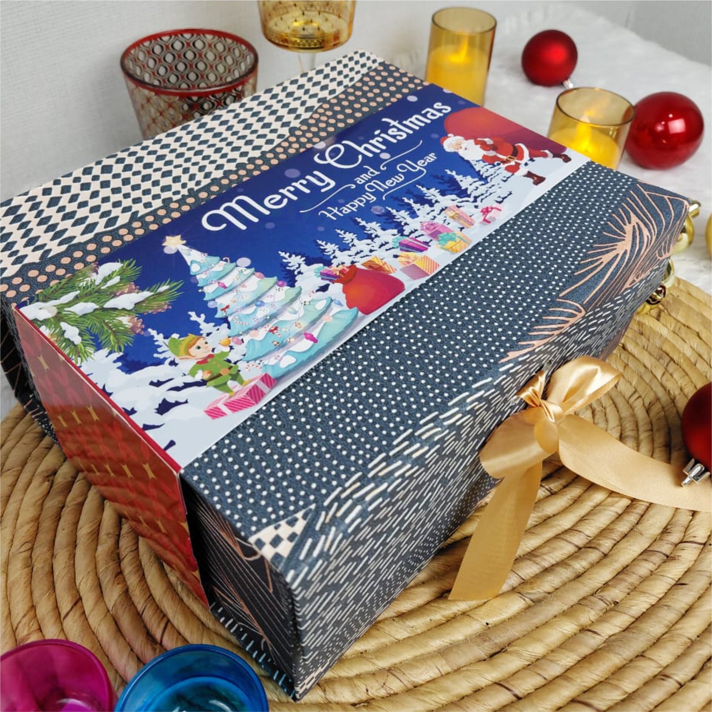 Christmas Gift Box |Rigid foldabel box | Gift Hamper Boxes For Packaging, Satin Ribbon Hamper Boxes | Gift Cardboard Box Empty Gift Hamper Box Reusable Gift Boxes | Foldabel Box | SIZE 10x8x4 inches |  7024Christmas