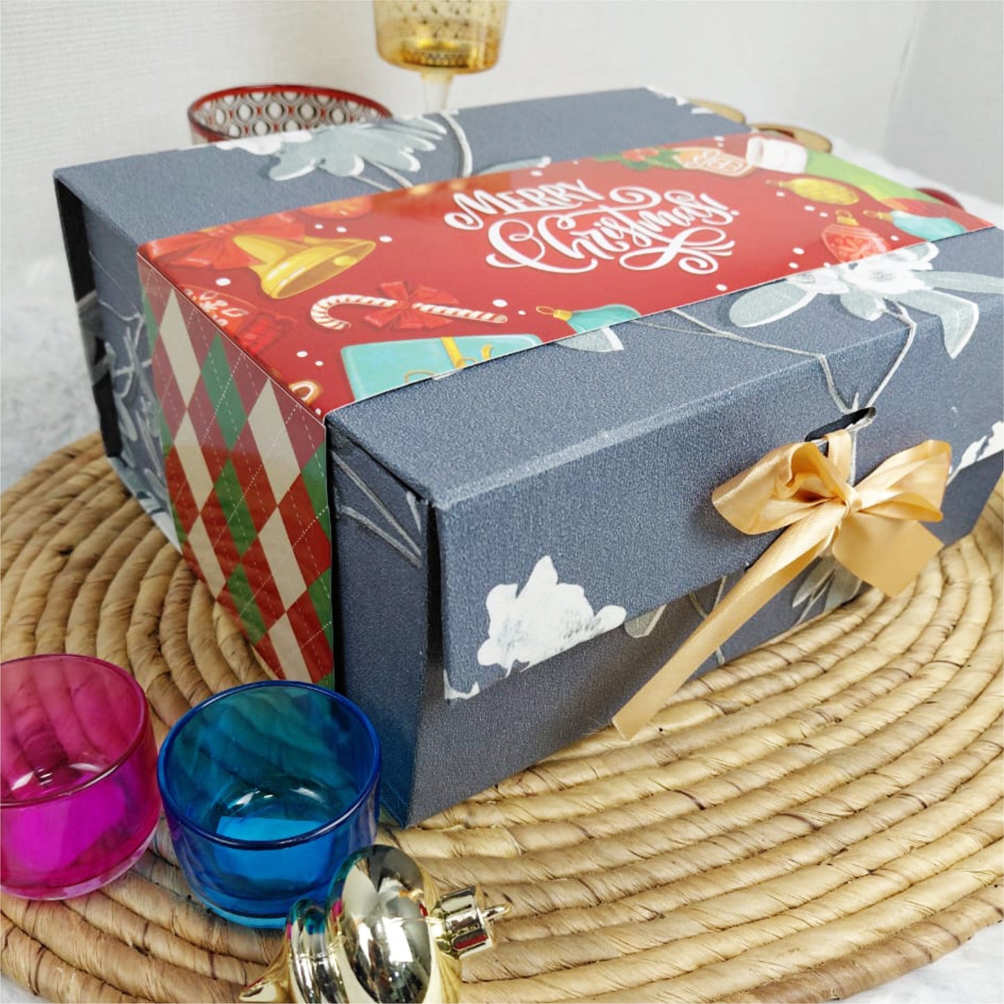 Christmas Gift Box |Rigid foldabel box | Gift Hamper Boxes For Packaging, Satin Ribbon Hamper Boxes | Gift Cardboard Box Empty Gift Hamper Box Reusable Gift Boxes | Foldabel Box | SIZE 10x8x4 inches | 7025Christmas