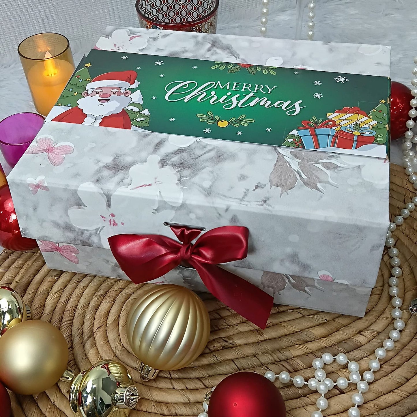 Christmas Gift Box |Rigid foldabel box | Gift Hamper Boxes For Packaging, Satin Ribbon Hamper Boxes | Gift Cardboard Box Empty Gift Hamper Box Reusable Gift Boxes | Foldabel Box | SIZE 10x8x4 inches | 7027Christmas
