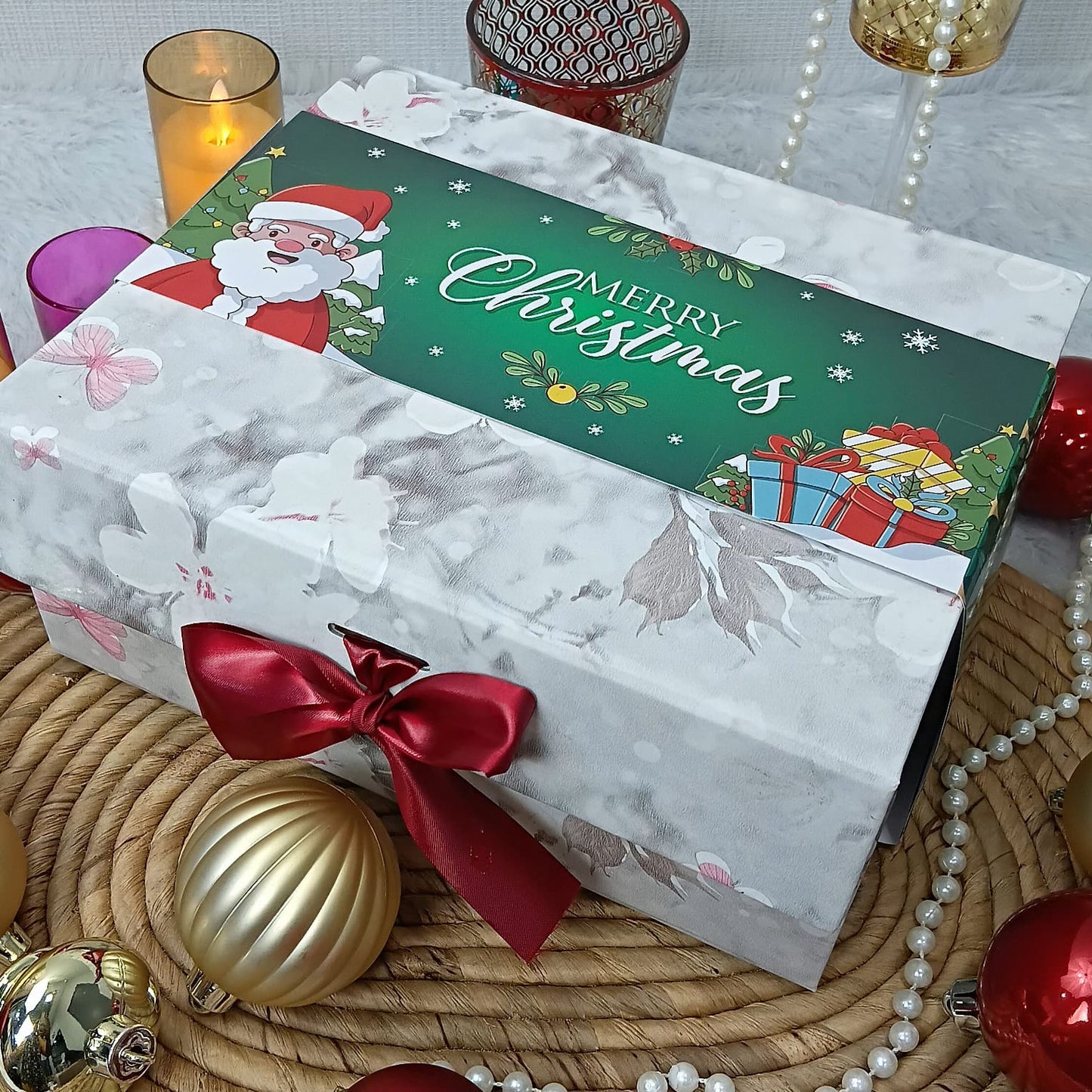 Christmas Gift Box |Rigid foldabel box | Gift Hamper Boxes For Packaging, Satin Ribbon Hamper Boxes | Gift Cardboard Box Empty Gift Hamper Box Reusable Gift Boxes | Foldabel Box | SIZE 10x8x4 inches | 7027Christmas