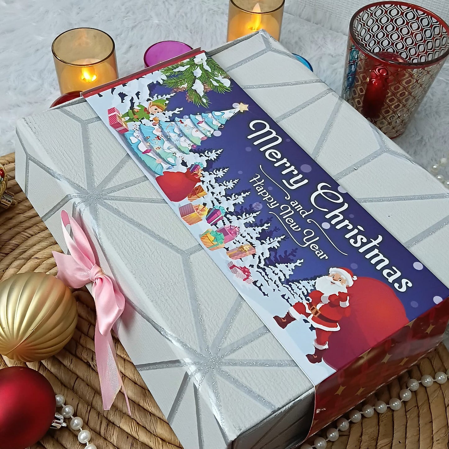 Christmas Gift Box |Rigid foldabel box | Gift Hamper Boxes For Packaging, Satin Ribbon Hamper Boxes | Gift Cardboard Box Empty Gift Hamper Box Reusable Gift Boxes | Foldabel Box | SIZE 10x8x4 inches | 7028Christmas